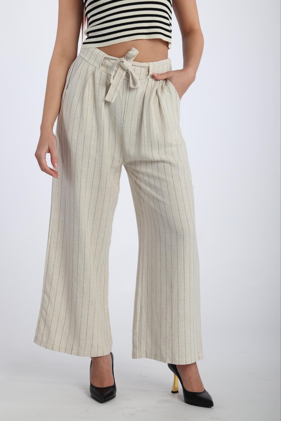 Pantalon beige lin Large à Rayures