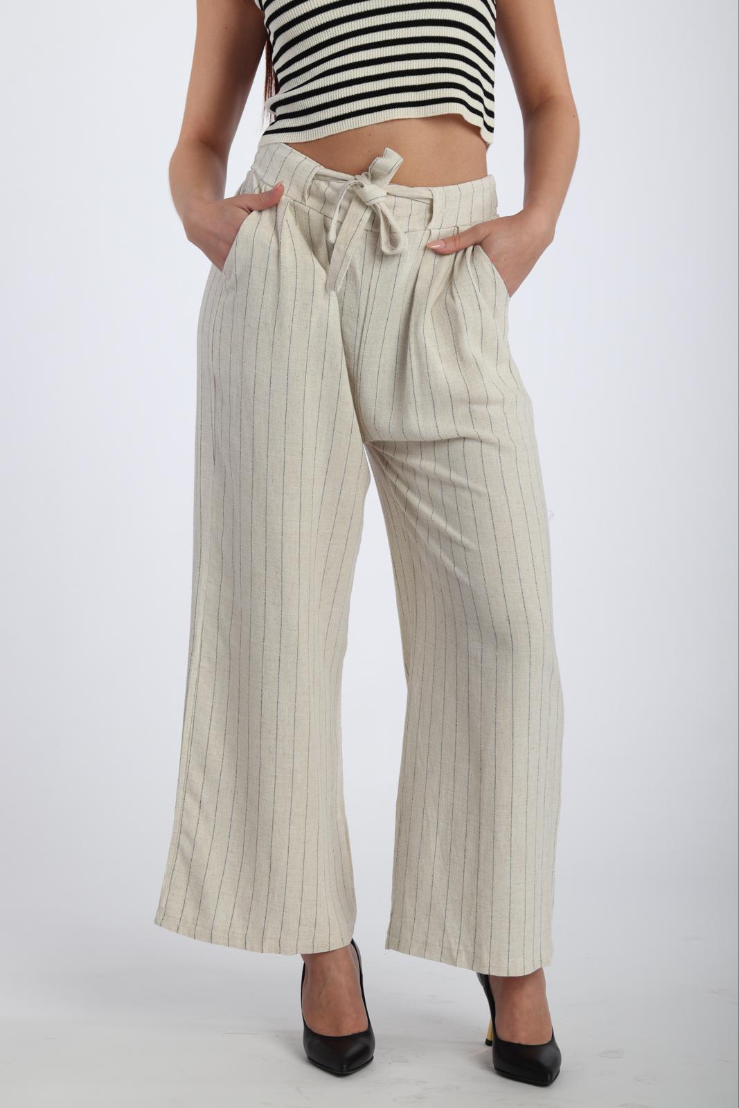 Pantalon beige lin Large à Rayures
