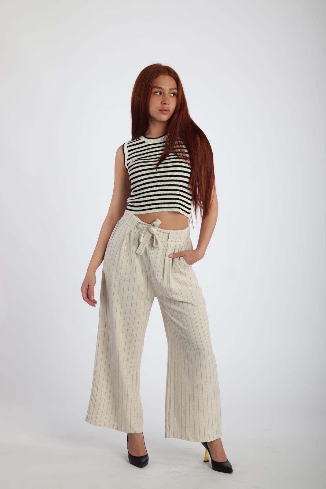 Pantalon beige lin Large à Rayures