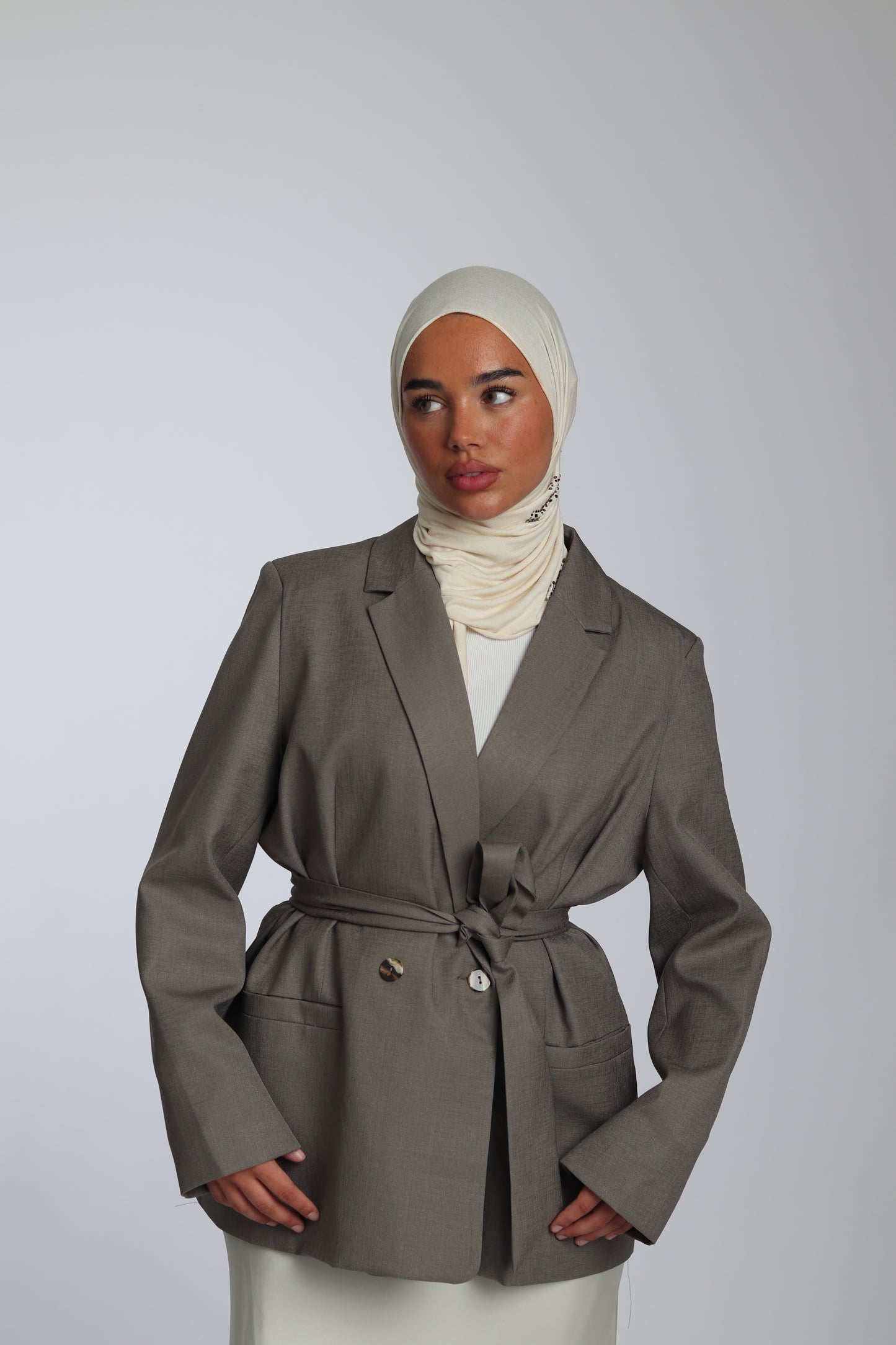 Veste Blazer Taupe Structurée avec Épaulettes
