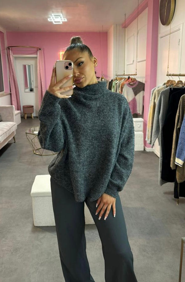 pull col montant en maille gris foncé
