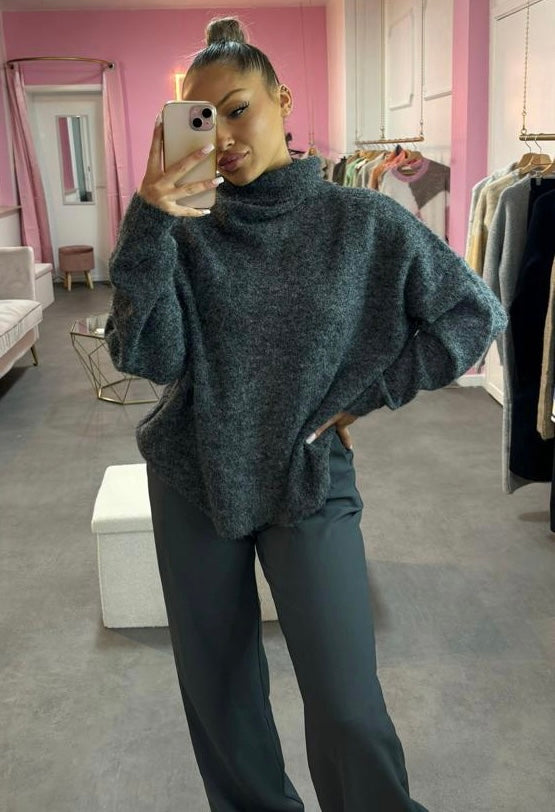 pull col montant en maille gris foncé