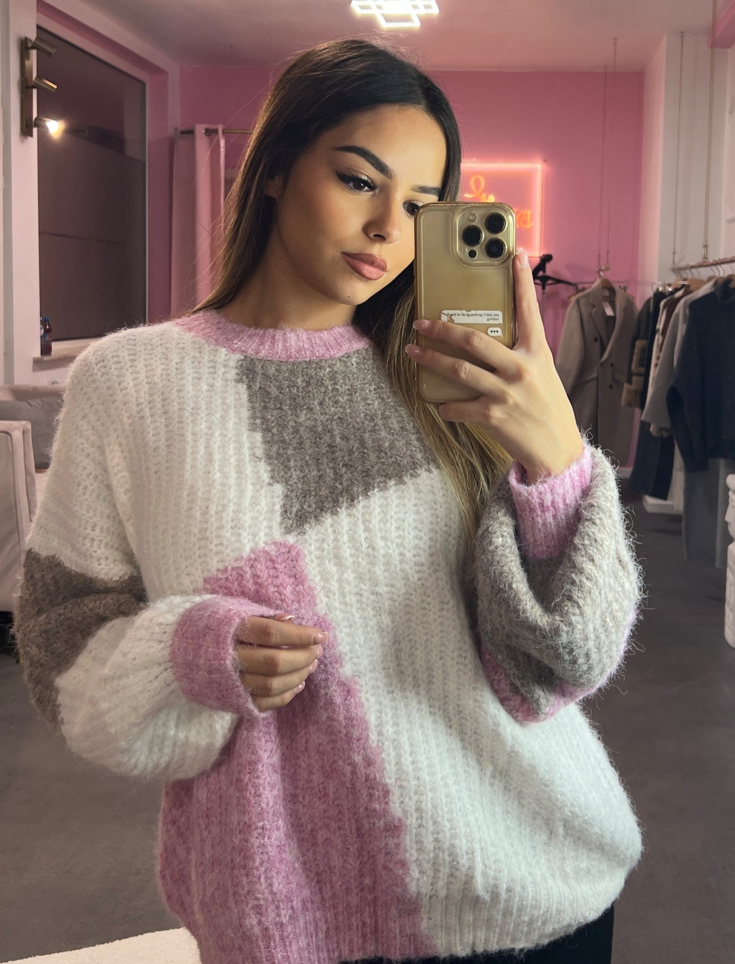 Pull en laine rose/blanc/marron
