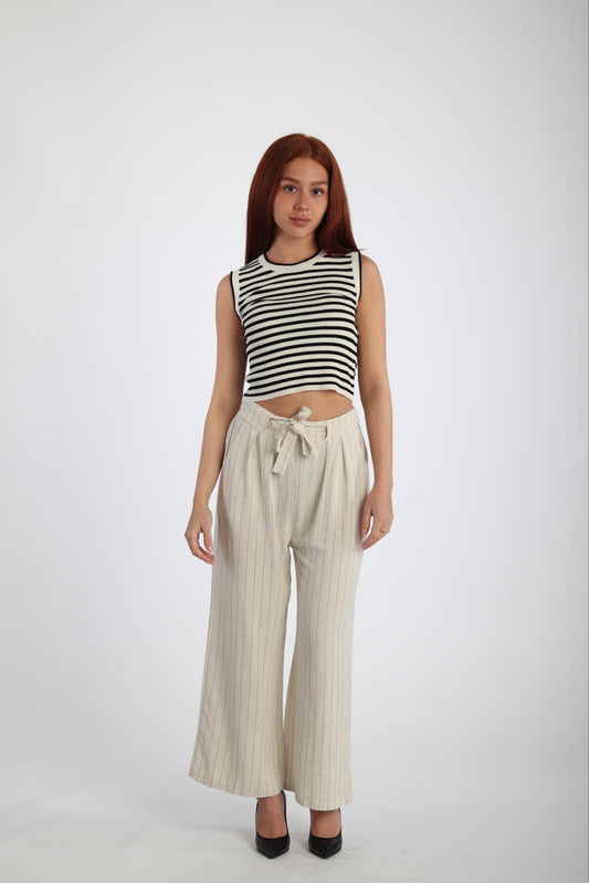 Pantalon beige lin Large à Rayures