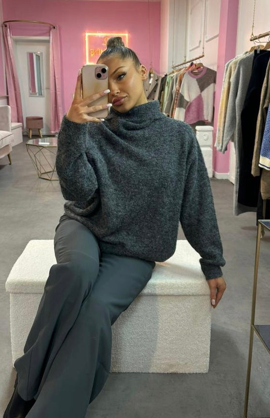 pull col montant en maille gris foncé