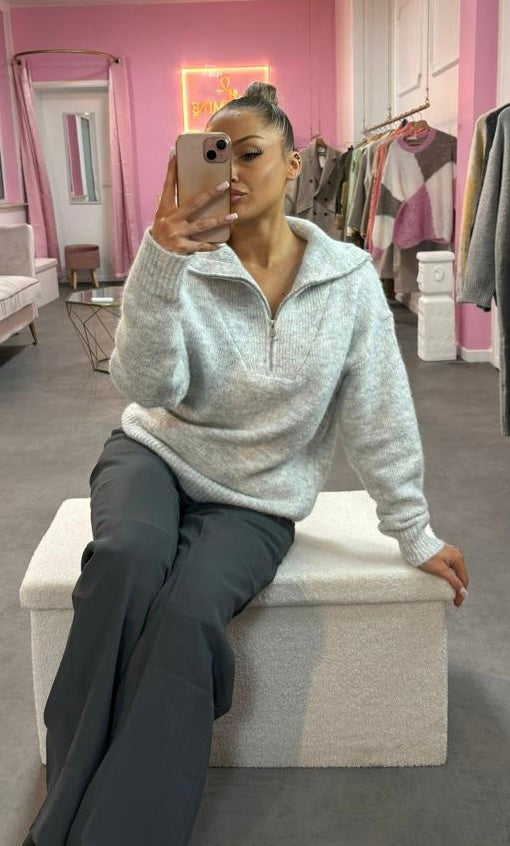 Pull col cheminé à tirette gris