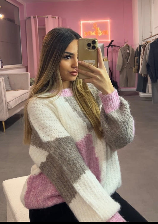 Pull en laine rose/blanc/marron